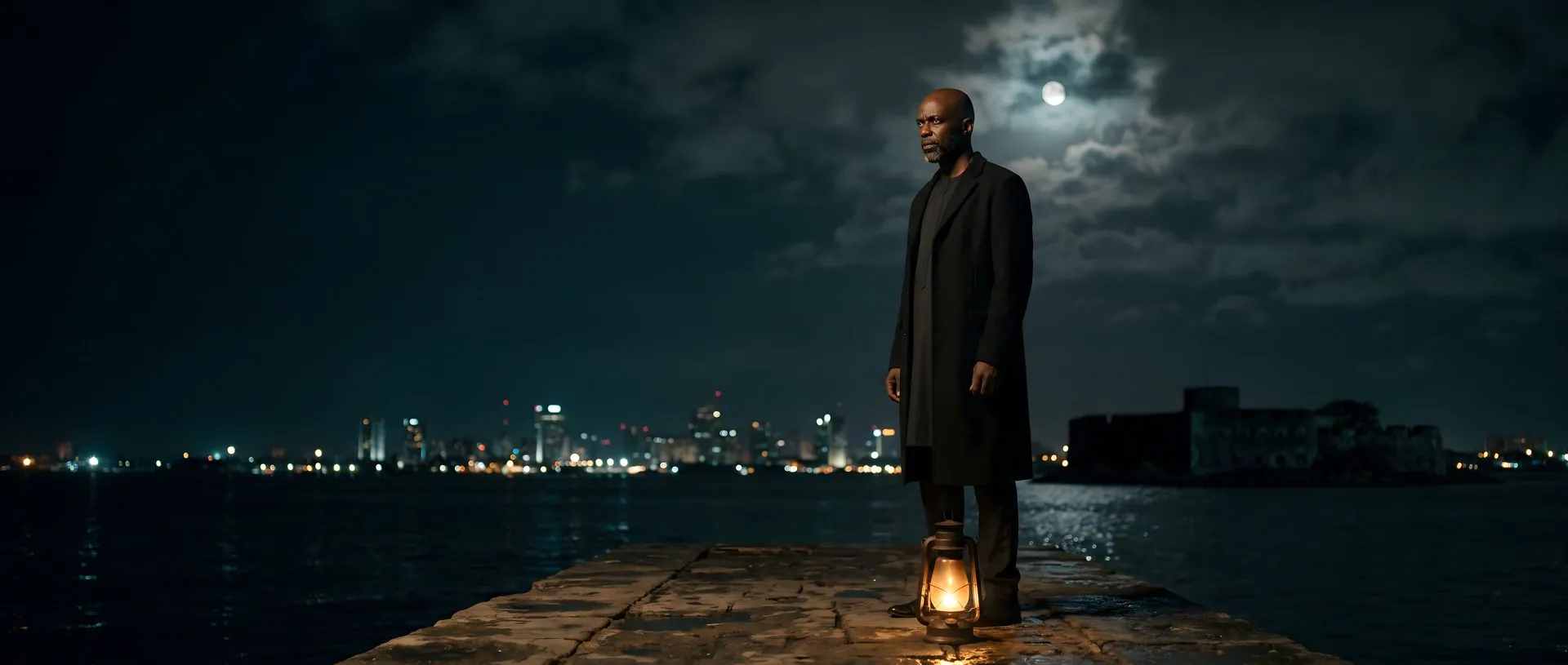 A man in a long coat on a stone pier at night, a lantern at his feet